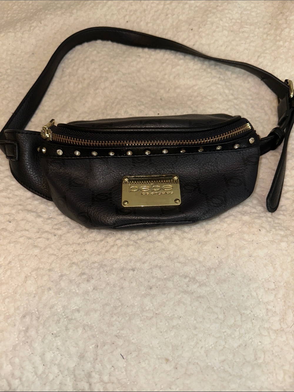 bebe Black Leather Crossbody Belt Bag with Gold Plate